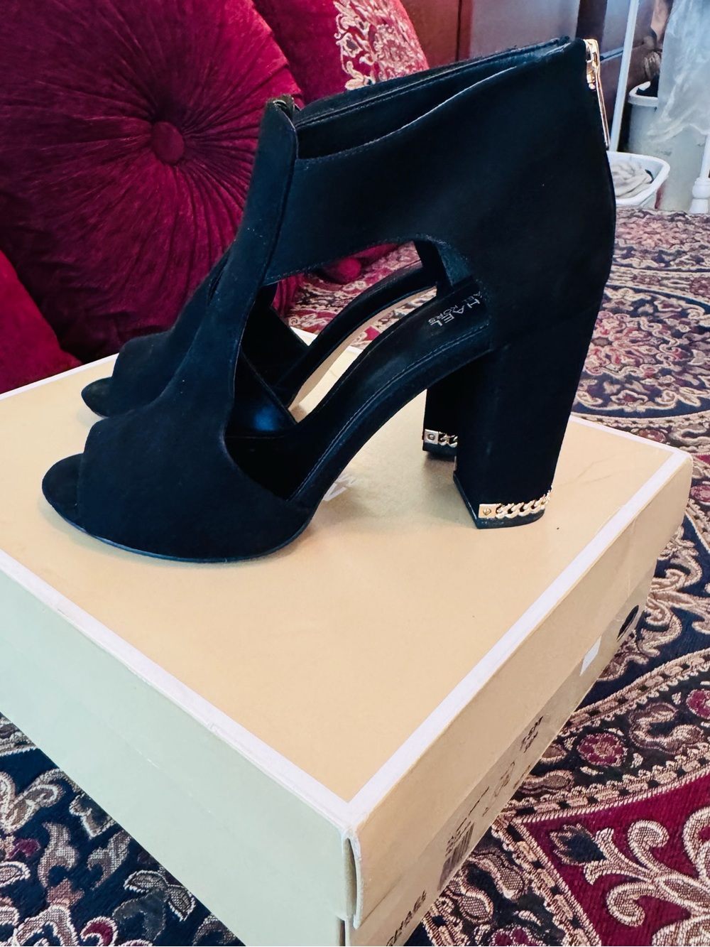 MICHAEL Michael Kors Black Suede Block Heel Sandals with Gold Chain Accent